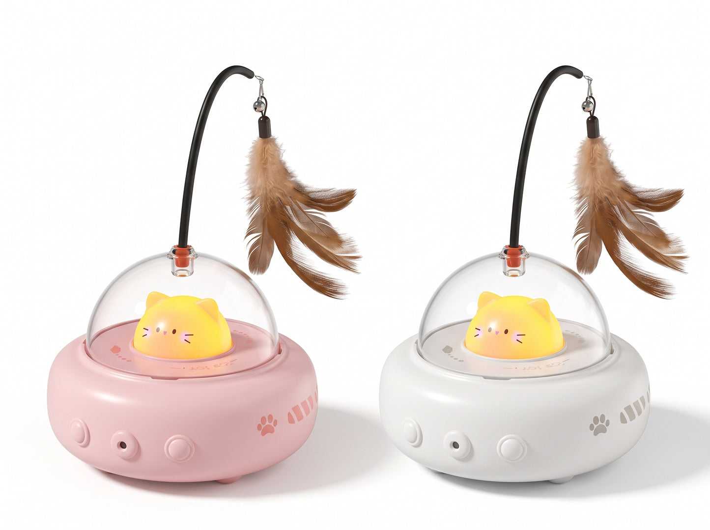 UfoKitty UFO cat toy in pink and white, product shot on white background