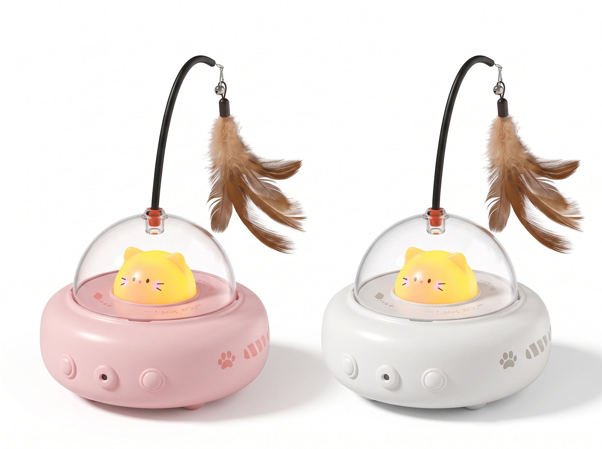 UfoKitty UFO cat toy in pink and white, product shot on white background