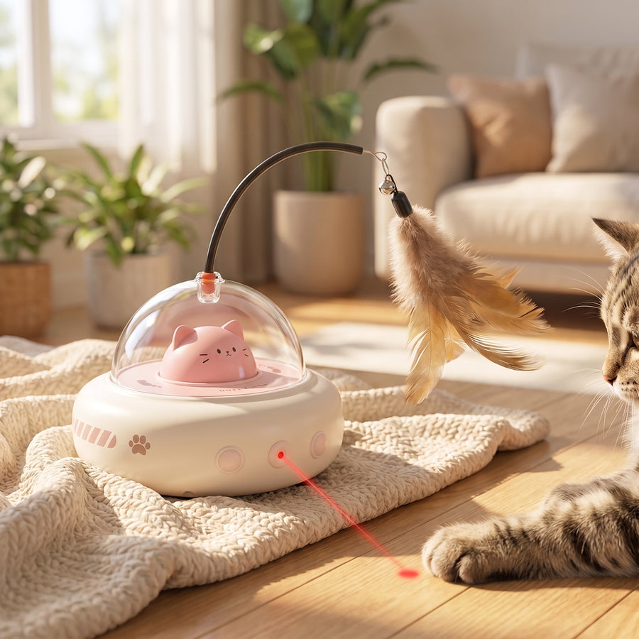 UfoKitty pink cat toy with laser on a cozy living room rug next to a cat
