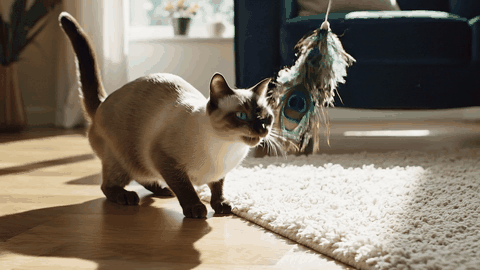 Gato jugando con el juguete UfoKitty y la pluma en movimiento