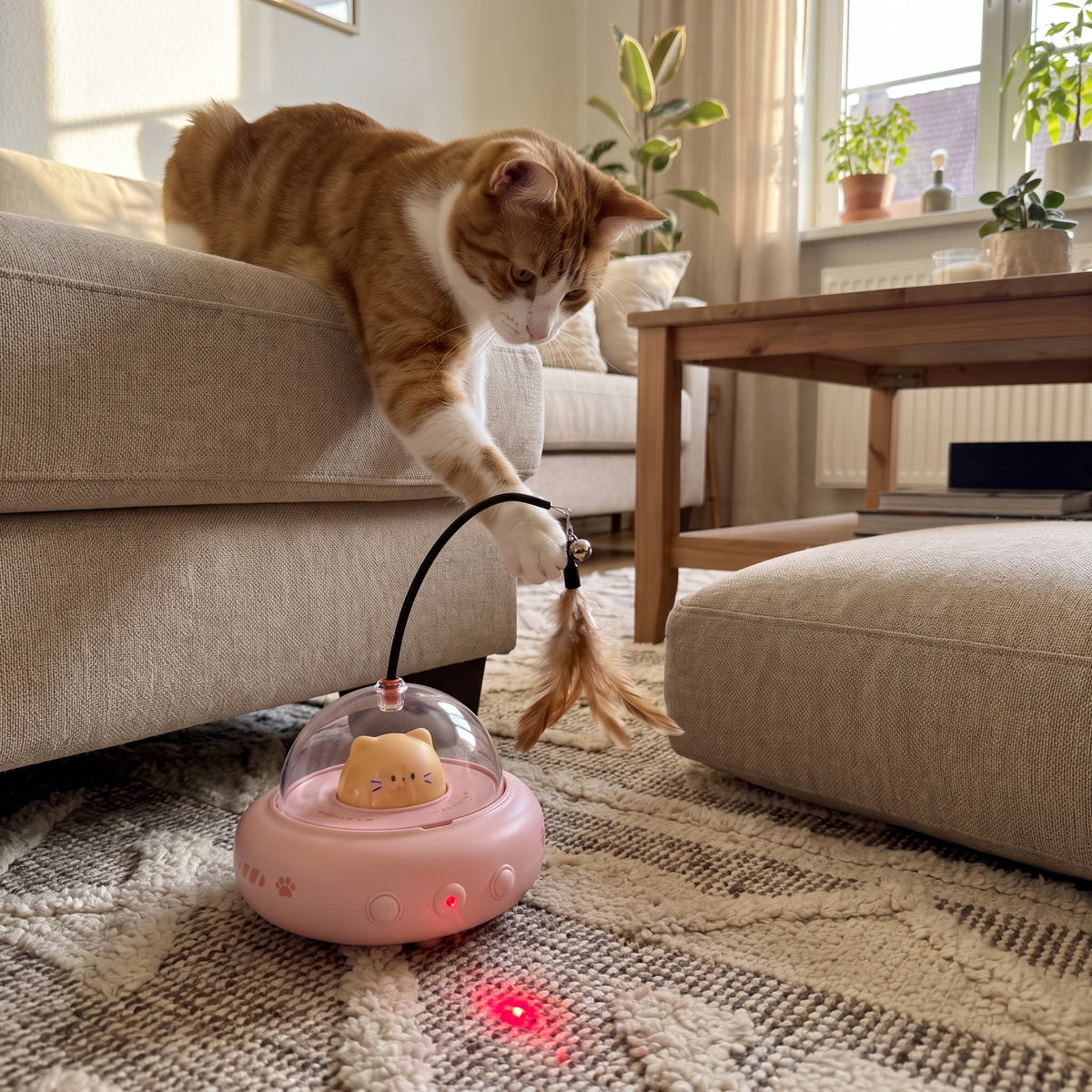 Cat reaching from the sofa to play with the UfoKitty feather wand and laser
