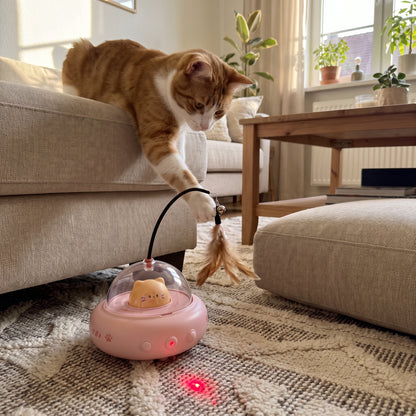 Cat reaching from the sofa to play with the UfoKitty feather wand and laser