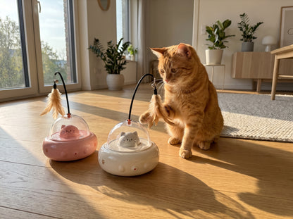 Cat playing with two UfoKitty toys, pink and white, in a sunny living room