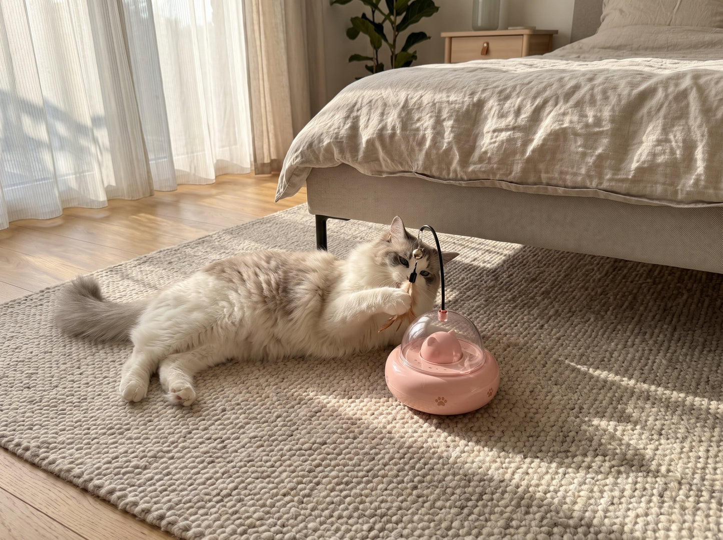 White fluffy cat playing with the pink UfoKitty toy on a bedroom rug