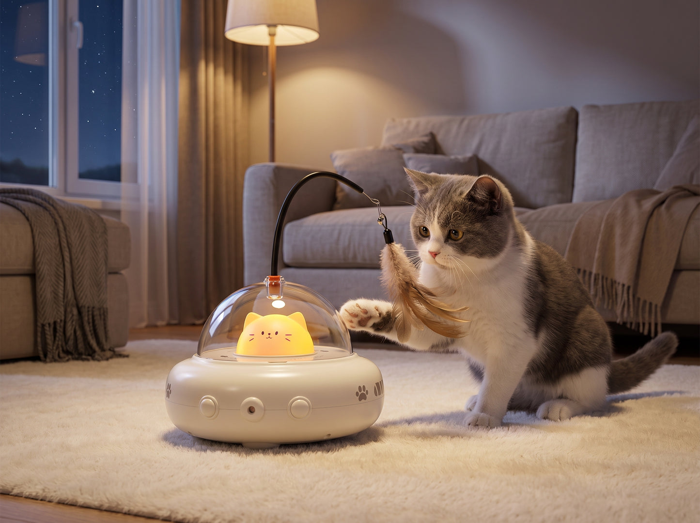Cat playing with the white UfoKitty toy at night with its glowing cat face