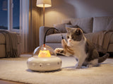 Cat playing with the white UfoKitty toy at night with its glowing cat face