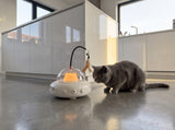 Grey cat watching the white UfoKitty toy light up in the kitchen